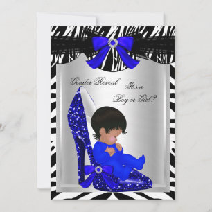 Gender Reveal Baby Shower Zebra Blue Baby Shoe Invitation