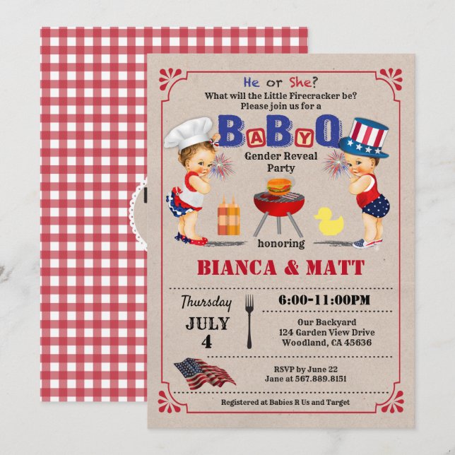 Gender Reveal BabyQ party invite. Independence day Invitation (Front/Back)