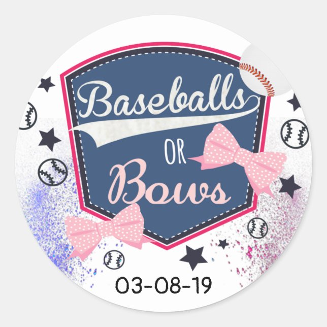 Gender Reveal baseball or bows Classic Round Sticker (Front)