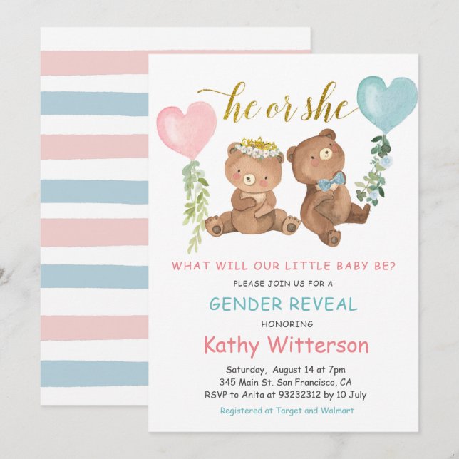 Gender Reveal Bear Balloons  Baby Shower Invitation (Front/Back)