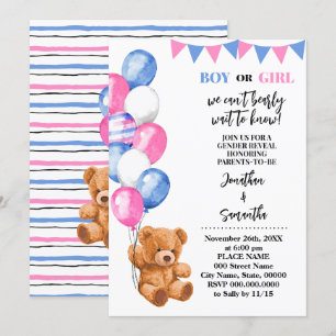 Gender Reveal Bear Pink and Blue Balloons Invitation