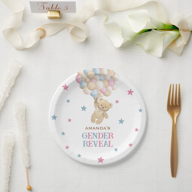 Gender Reveal Bear Pink Blue Modern Paper Plate (Wedding)