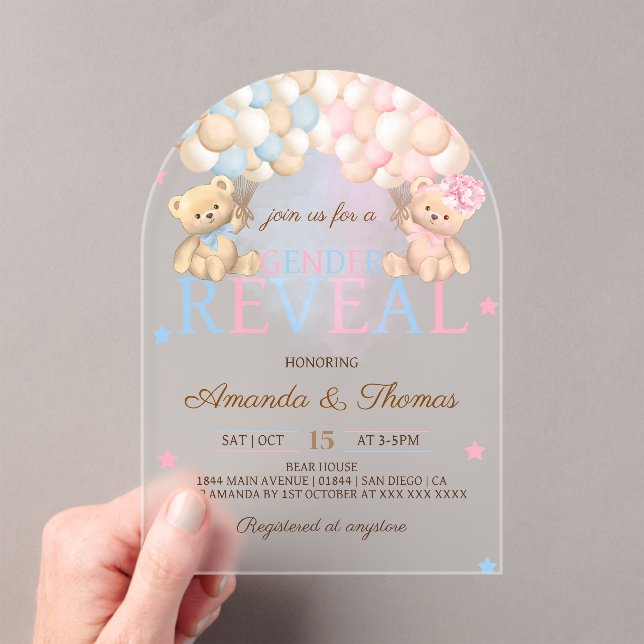 Gender Reveal Bear Themed Acrylic Invitations (Insitu (Handheld))