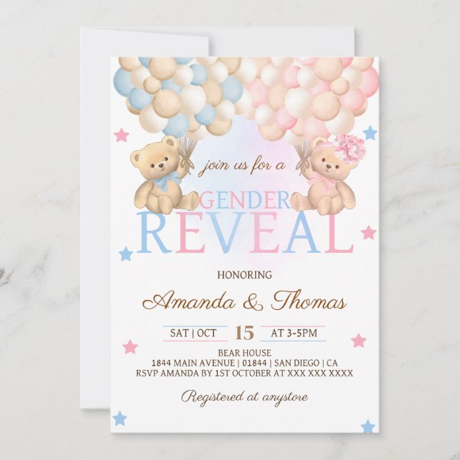 Gender Reveal Bear Themed Invitation (Front)