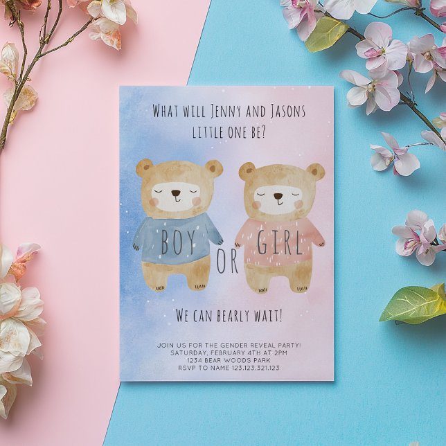 Gender Reveal Bears starry pink blue background Invitation (Cute sleepy bears one in pink, on in blue gender reveal invitation card. The card says "Boy or Girl")
