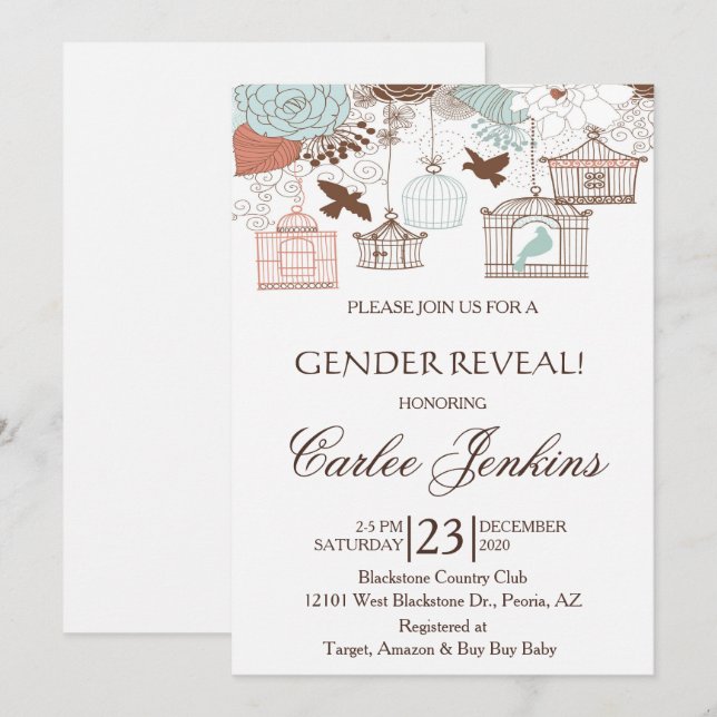 Gender Reveal Bird Cages Baby Shower Invite (Front/Back)