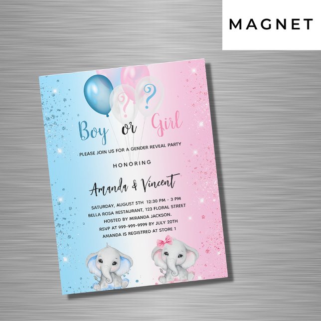 Gender reveal blue pink boy girl elephants luxury magnetic invitation (Creator Uploaded)