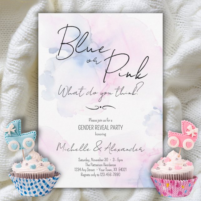 Gender Reveal Blue Pink Elegant Watercolor Party Invitation (Gender Reveal Blue or Pink Elegant Watercolor Party Invitation)
