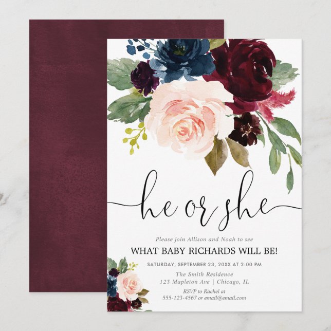 Gender reveal blush burgundy navy blue fall floral invitation (Front/Back)