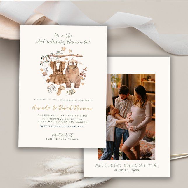 Gender Reveal Boho Clothesline Baby Shower Ivory Invitation (Creator Uploaded)