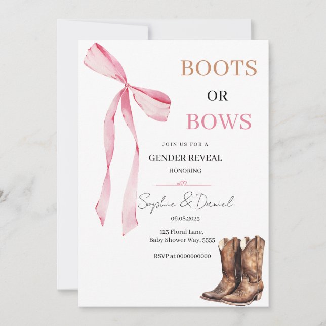 Gender reveal Boots or bows invitation (Front)