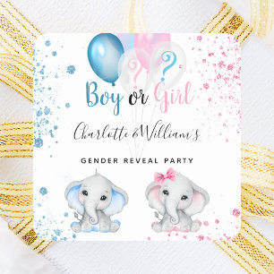 Gender reveal boy girl blue pink glitter elephants square sticker