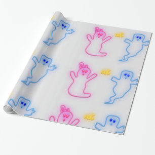 Gender Reveal Boy Girl Pink Blue Gray Cute Ghost Wrapping Paper