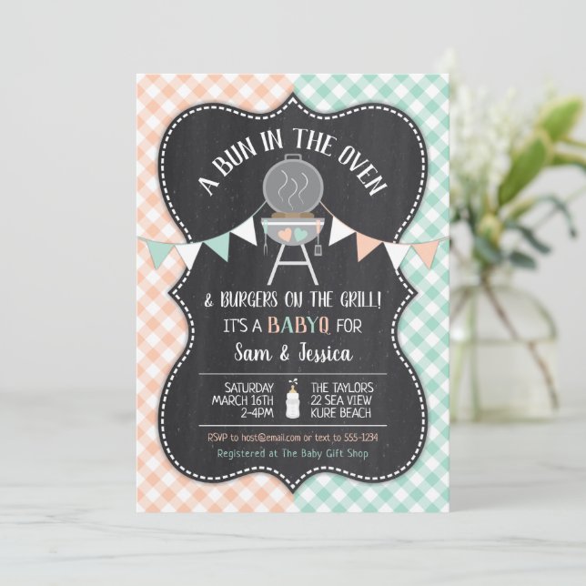 Gender Reveal Bun in Oven Baby Shower Sage Peach Invitation (Standing Front)