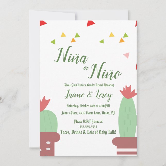 Gender Reveal Cactus Niña Niño Fiesta Invitation (Front)