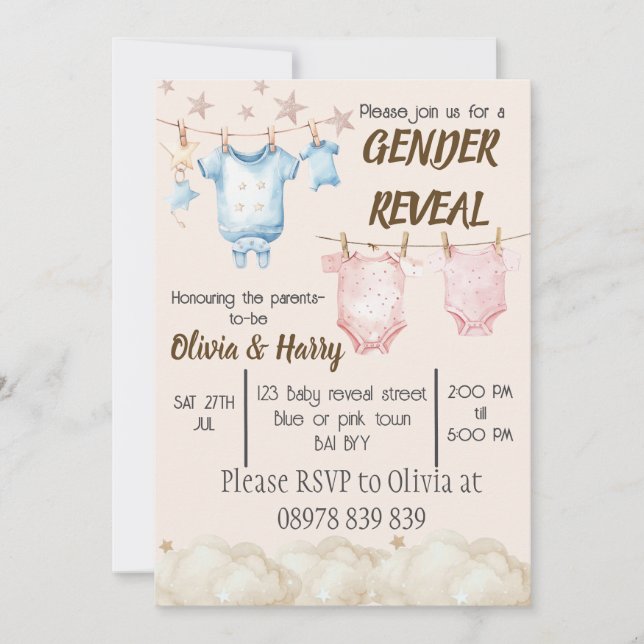 Gender reveal clothes line invitation  (Front)