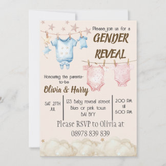 Gender reveal clothes line invitation 