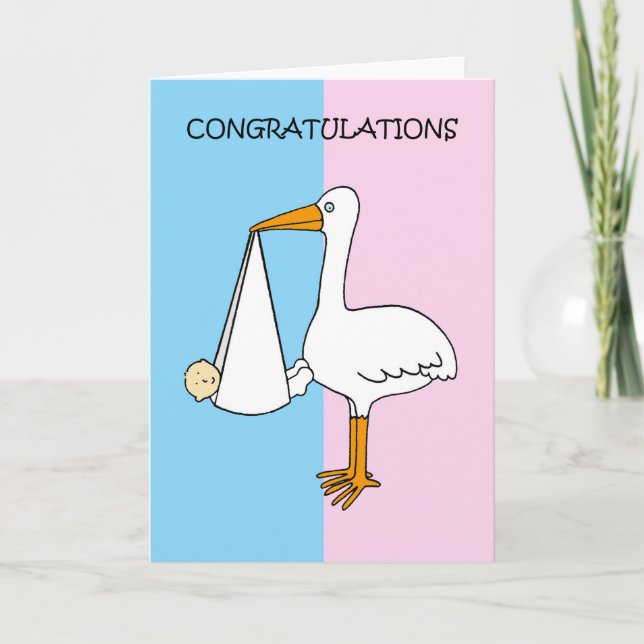 Gender Reveal Congratulations Cartoon Stork Card (Front)