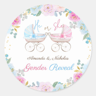 Gender Reveal Cute Floral Pink blue Classic Round Sticker