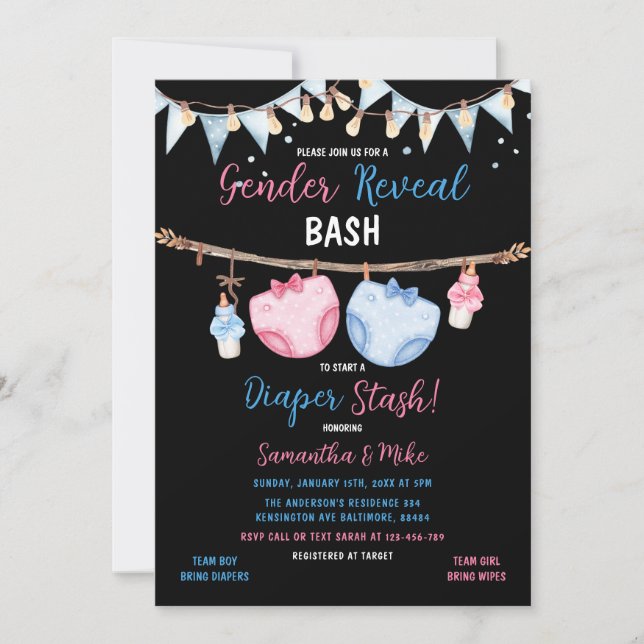 Gender Reveal Diaper Stash Clothesline He or She  Invitation (Front)
