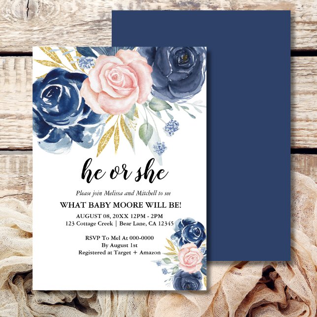 Gender reveal elegant floral navy blue blush pink  invitation (Creator Uploaded)