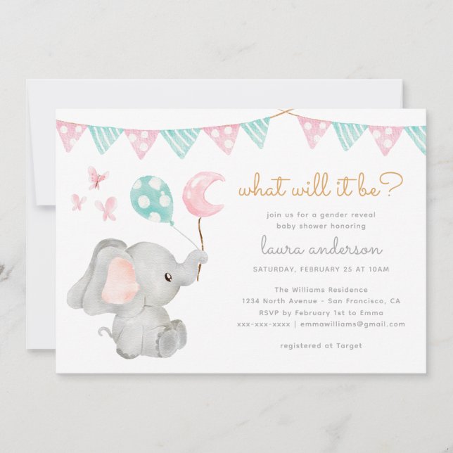 Gender Reveal Elephant Baby Shower Invitation (Front)