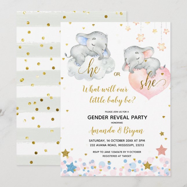 Gender Reveal Elephant Baby Shower Invitation (Front/Back)