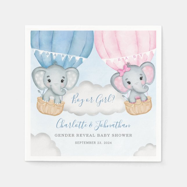 Gender Reveal Elephant Balloon Baby Shower Napkin (Front)