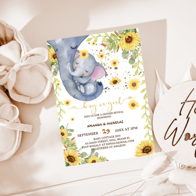 Gender Reveal Elephant Sunflower Boho Baby Shower Invitation (Creator Uploaded)