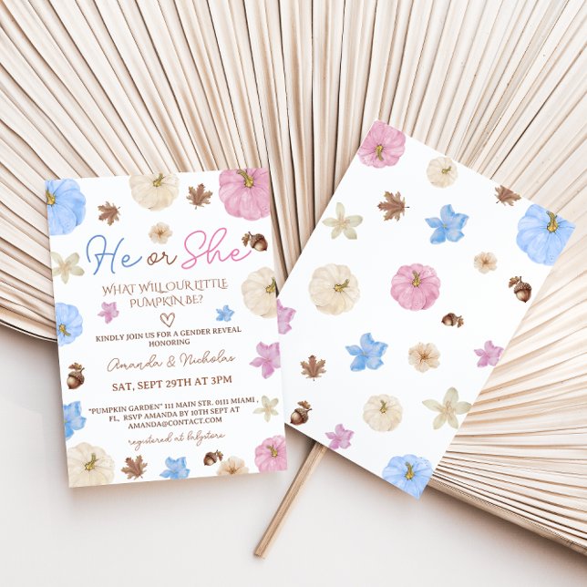 Gender Reveal Fall Pumpkin Pink Blue Invitation (Creator Uploaded)