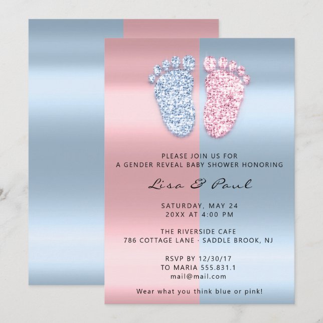 Gender Reveal Feet Glitter Pink Blue Baby Boy Girl Invitation (Front/Back)
