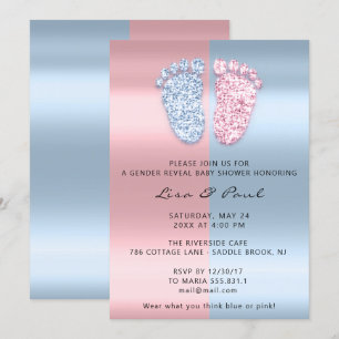 Gender Reveal Feet Glitter Pink Blue Baby Boy Girl Invitation