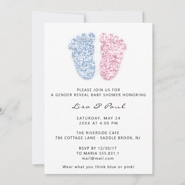 Gender Reveal Feet Glitter Pink Blue Baby Boy Girl Invitation (Front)