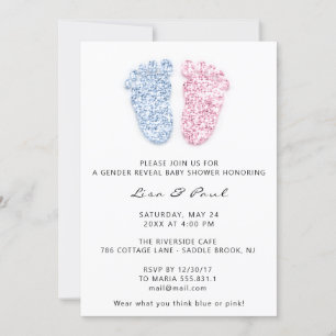 Gender Reveal Feet Glitter Pink Blue Baby Boy Girl Invitation