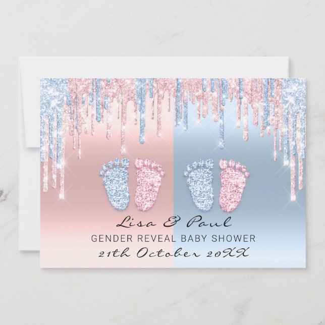 Gender Reveal Feet Pink Blue Baby Twnins Boy Girl Invitation (Back)