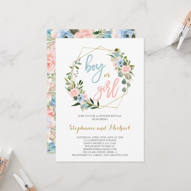 Gender Reveal floral wreath Invitation (Front/Back In Situ)