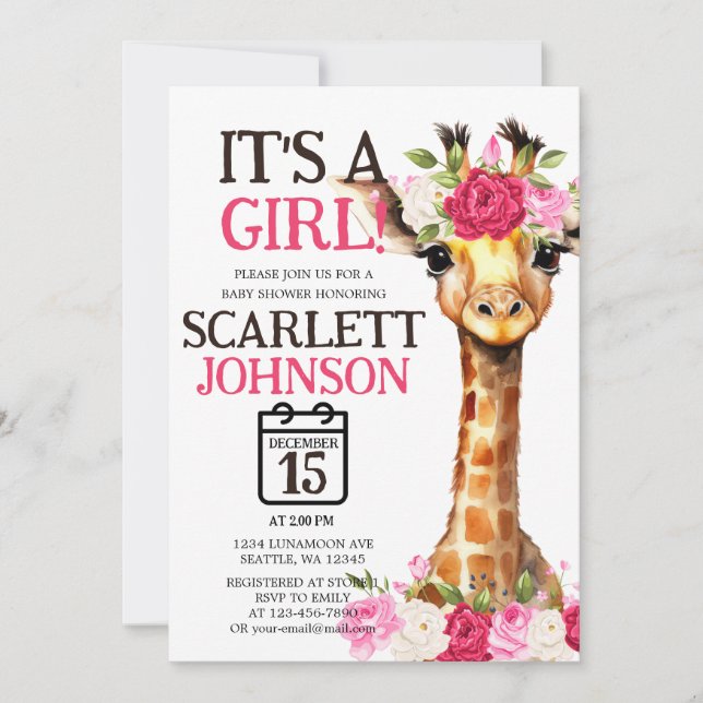 Gender Reveal for Baby Girl Giraffe Baby Shower Invitation (Front)