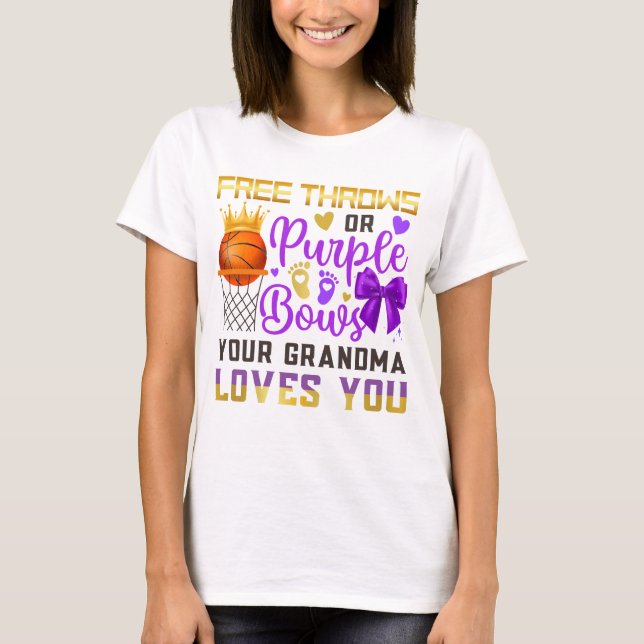 Gender Reveal Free Throws or Purple Bows Grandma T-Shirt (Front)