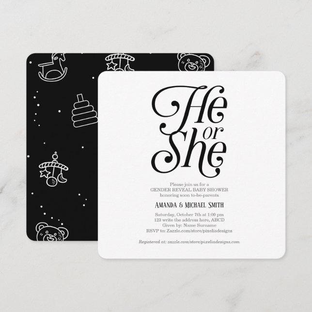 Gender Reveal, Gender Neutral, Modern, He or She Invitation (Front/Back)
