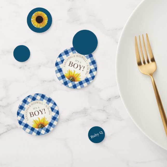 Gender Reveal Gingham and Sunflower Baby Q Confetti (Group)