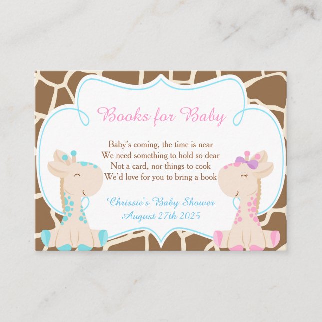 Gender Reveal Giraffe Book Request for Baby Shower Enclosure Card (Front)