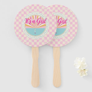 Gender Reveal Girl, Pink Plaid Checkered Hand Fan