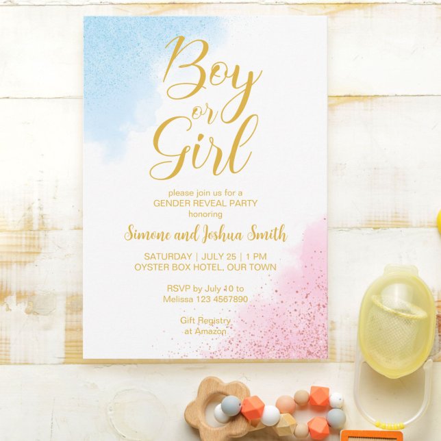 Gender reveal gold and glitter boy or girl invite (Creator Uploaded)