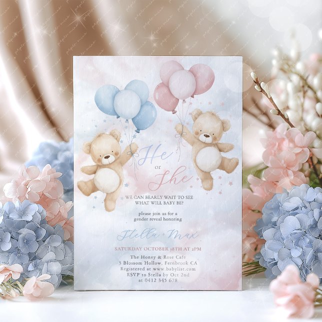 Gender Reveal He or She Bear Balloon Invitation (He or She? We can bearly wait to see what will baby be?
Gender reveal in pink and blue )