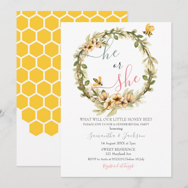 Gender Reveal He or She Bee Invitation (Front/Back)