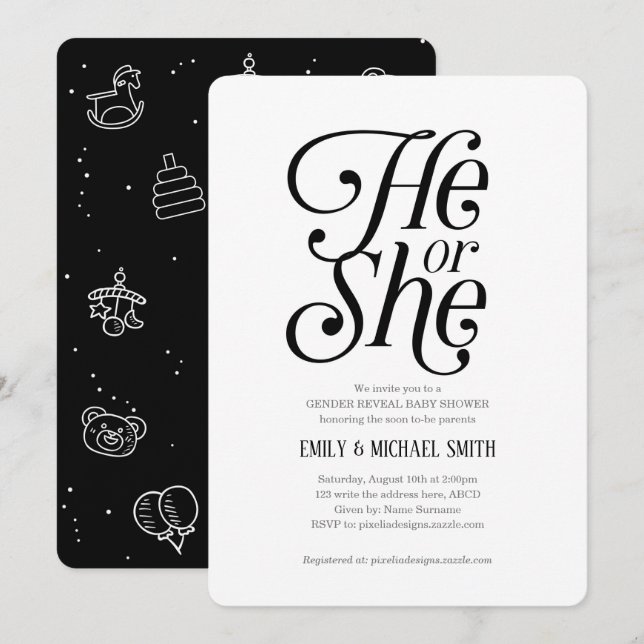 Gender Reveal, He or She, Modern, Baby Shower Invitation (Front/Back)