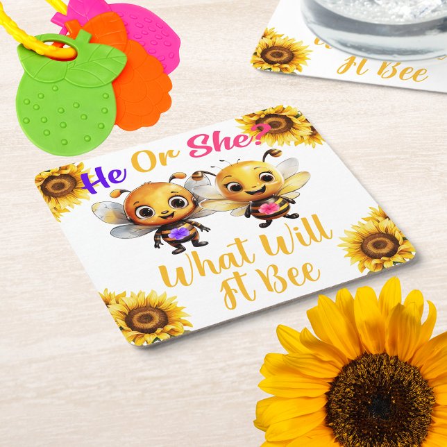 Gender Reveal He or She What Will It Bee Square Paper Coaster (Gender Reveal He or She What Will It Bee Square Paper Coaster)