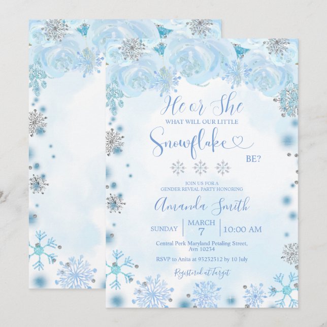 Gender Reveal He or She Winter Blue Snowflakes  Invitation (Front/Back)