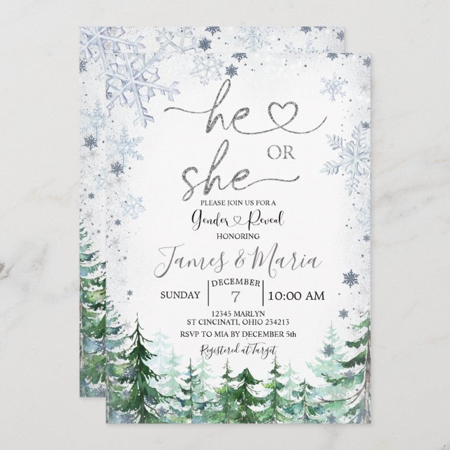 Gender Reveal He or She Winter Snowflakes Forest Invitation (Front/Back)