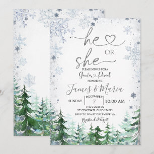 Gender Reveal He or She Winter Snowflakes Forest Invitation